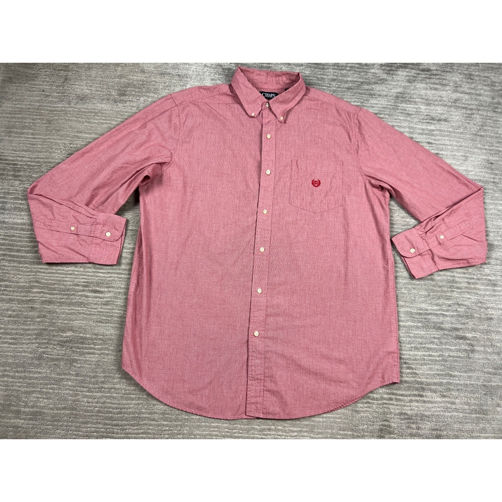 Chaps Button Down Shirt Men XLT Red Easy Care Micro Houndstooth Long Sleeve Tall